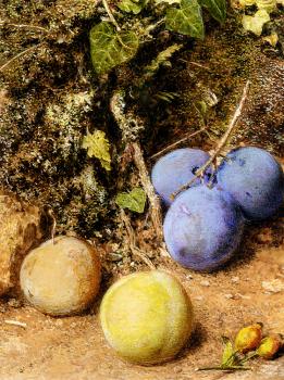 William Henry Hunt : Still Life With Greengages And Plums On A Mossy Bank